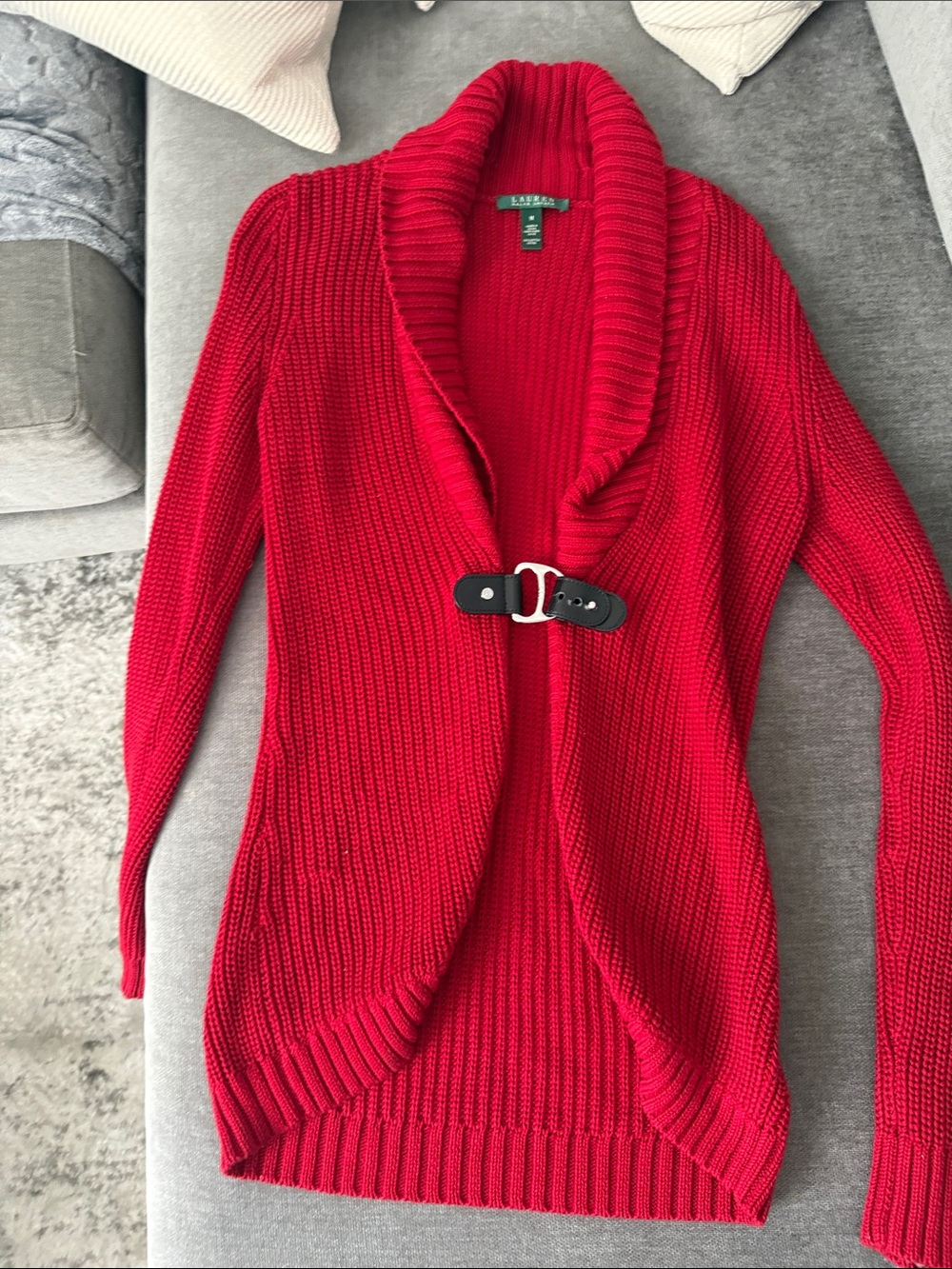 Lauren Ralph Lauren Bright Red Ribbed Shawl-Collar Cardigan with Toggle